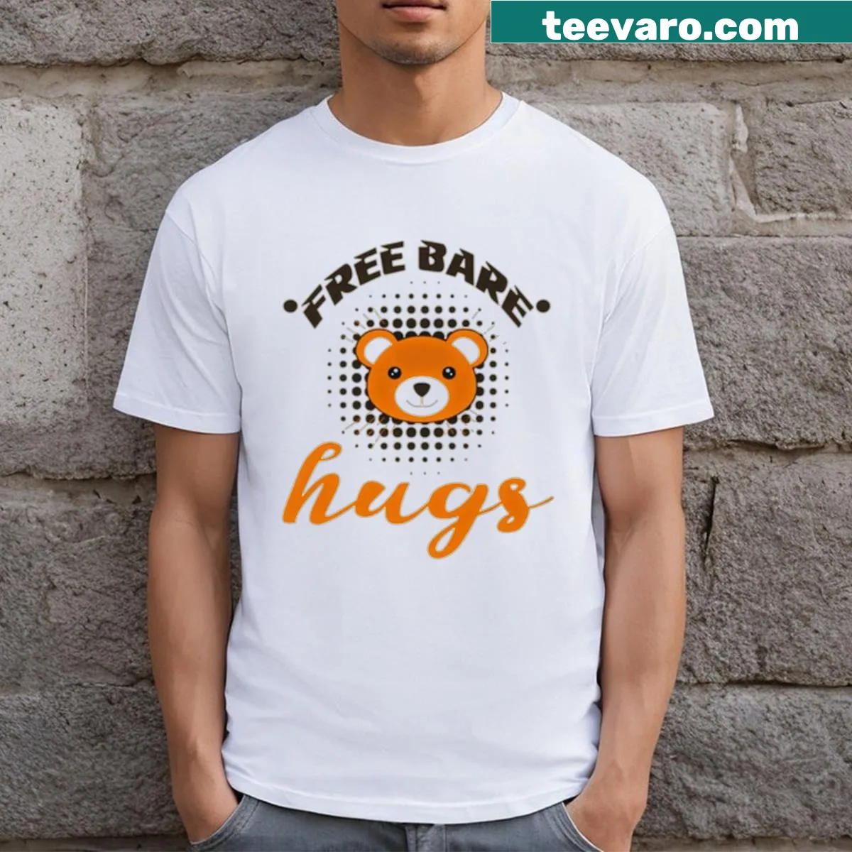 Text graphic saying 'Free Bare Hugs' on a T-shirt — on a men's t-shirt