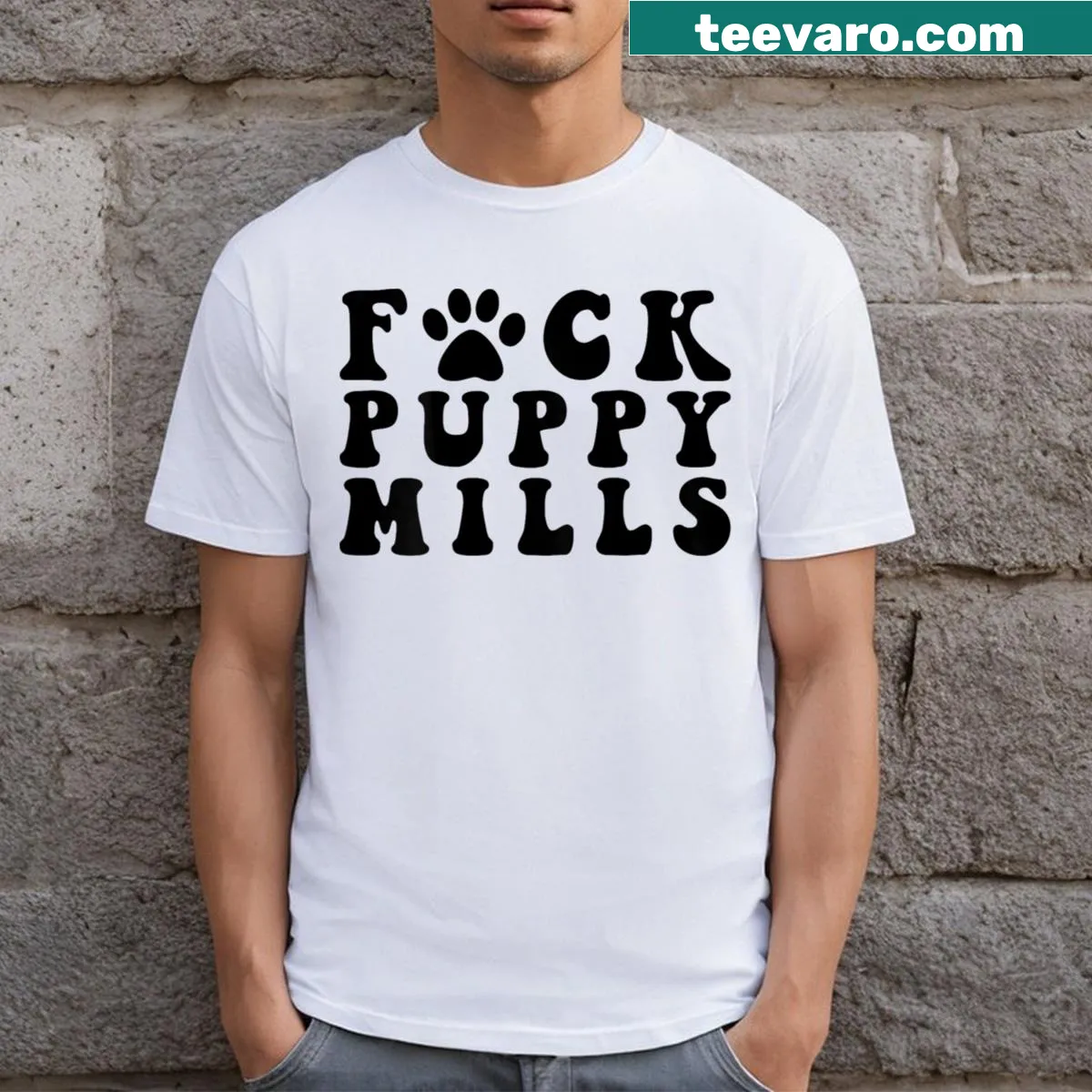 T-shirt with a bold statement against puppy mills and a paw graphic — on a men's t-shirt