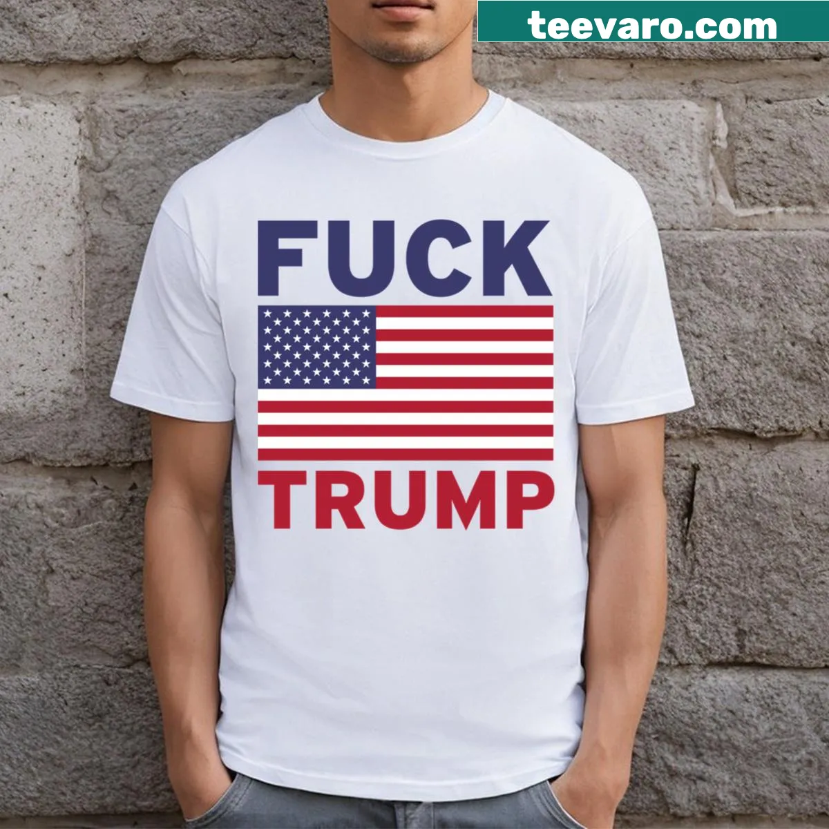 Bold text graphic on a t-shirt stating 'Fuck Trump' — on a men's t-shirt