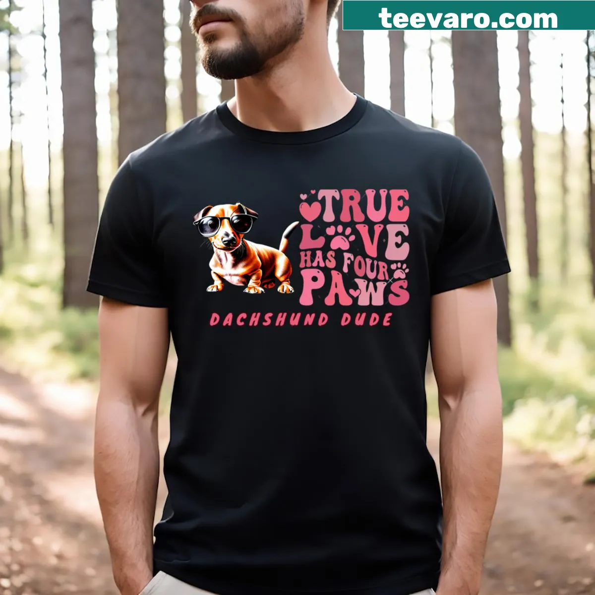 Illustration of a dachshund with the phrase 'Love Has Four Paws.' — on a men's t-shirt
