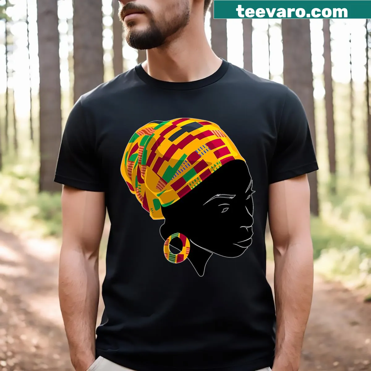 Humorous Kente cloth head wrap design on a T-shirt — on a men's t-shirt