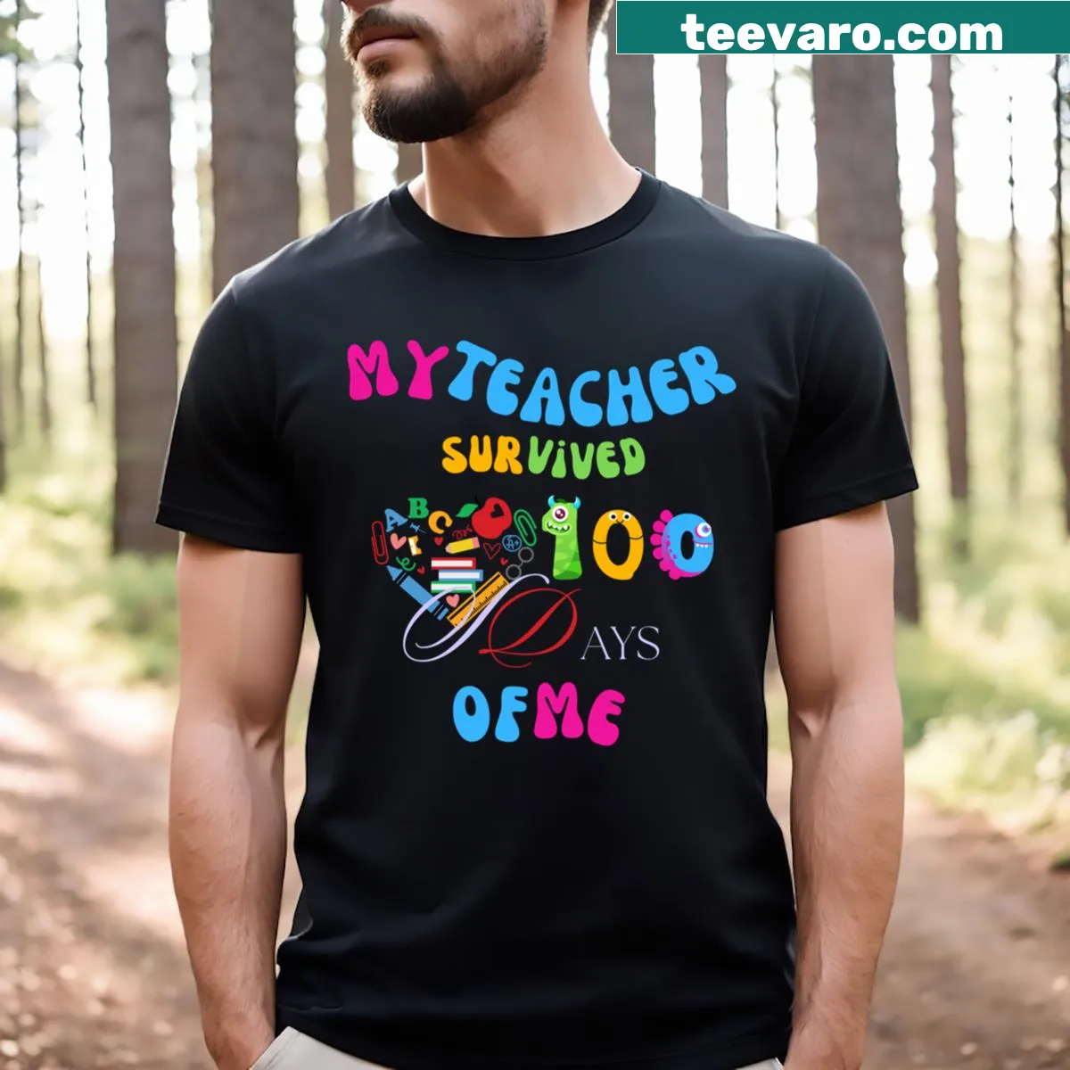 T-shirt celebrating 100 days of school with funny text — on a men's t-shirt