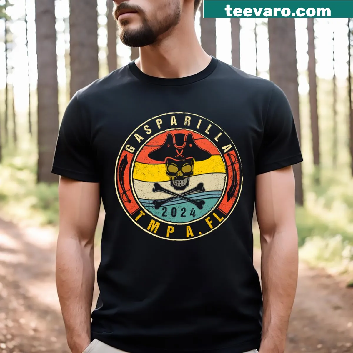 Graphic tee featuring a skull ship design for Gasparilla 2024 — on a men's t-shirt