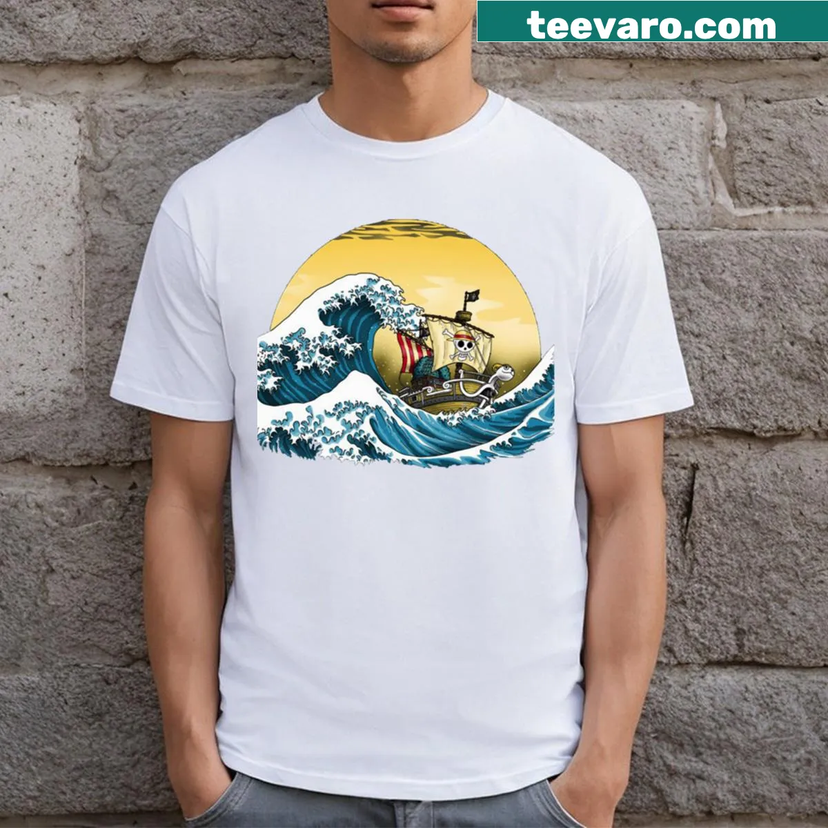 Illustrated Going Merry ship cresting waves on a T-shirt — on a men's t-shirt