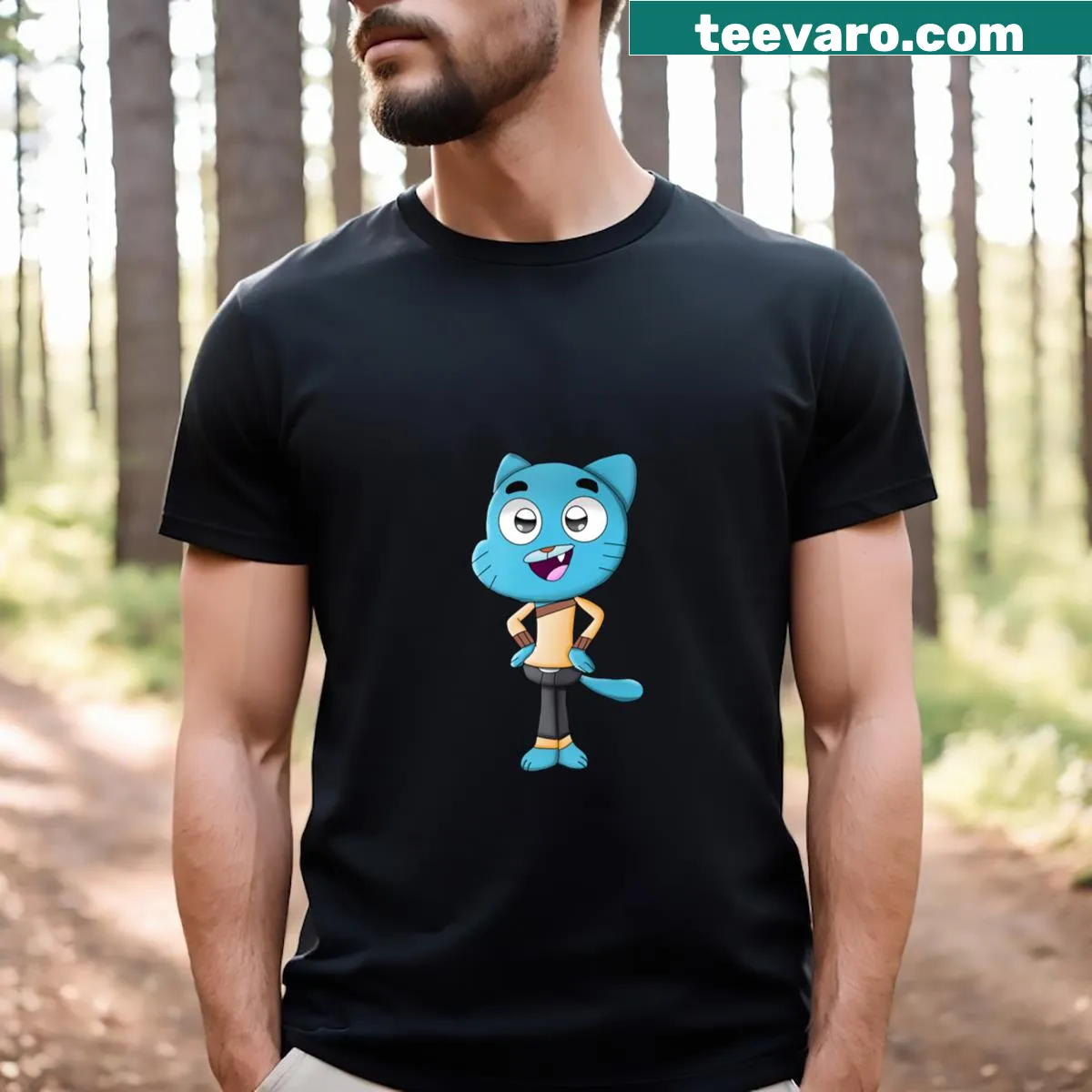 Gumball Watterson cartoon graphic T-shirt — on a men's t-shirt