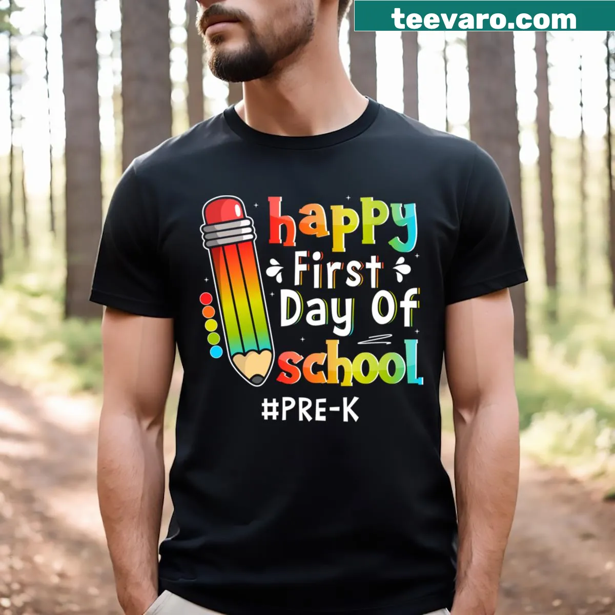 Teacher t-shirt with Happy First Day of School message — on a men's t-shirt