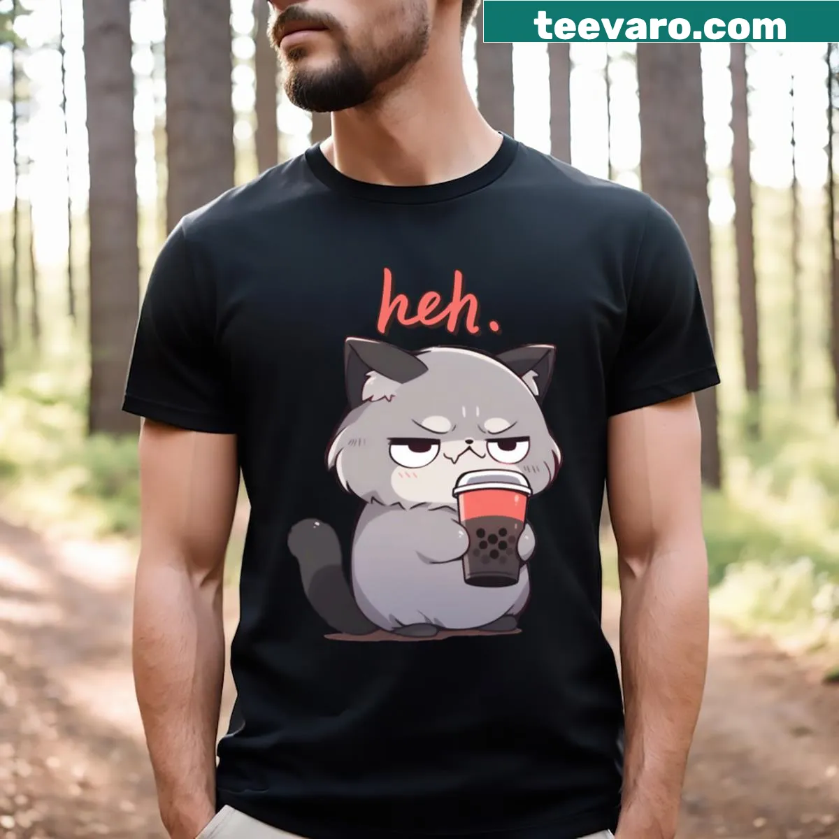 Funny raccoon drinking boba tea cartoon T-shirt — on a men's t-shirt