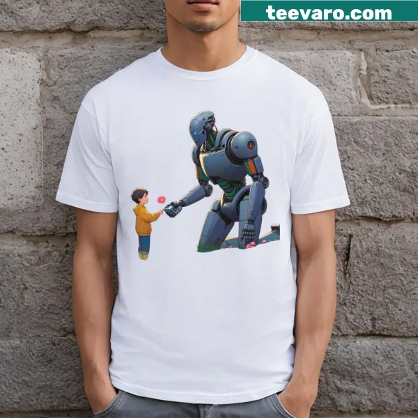 Artistic T-shirt with a human-robot connection theme inspired by Frankenstein