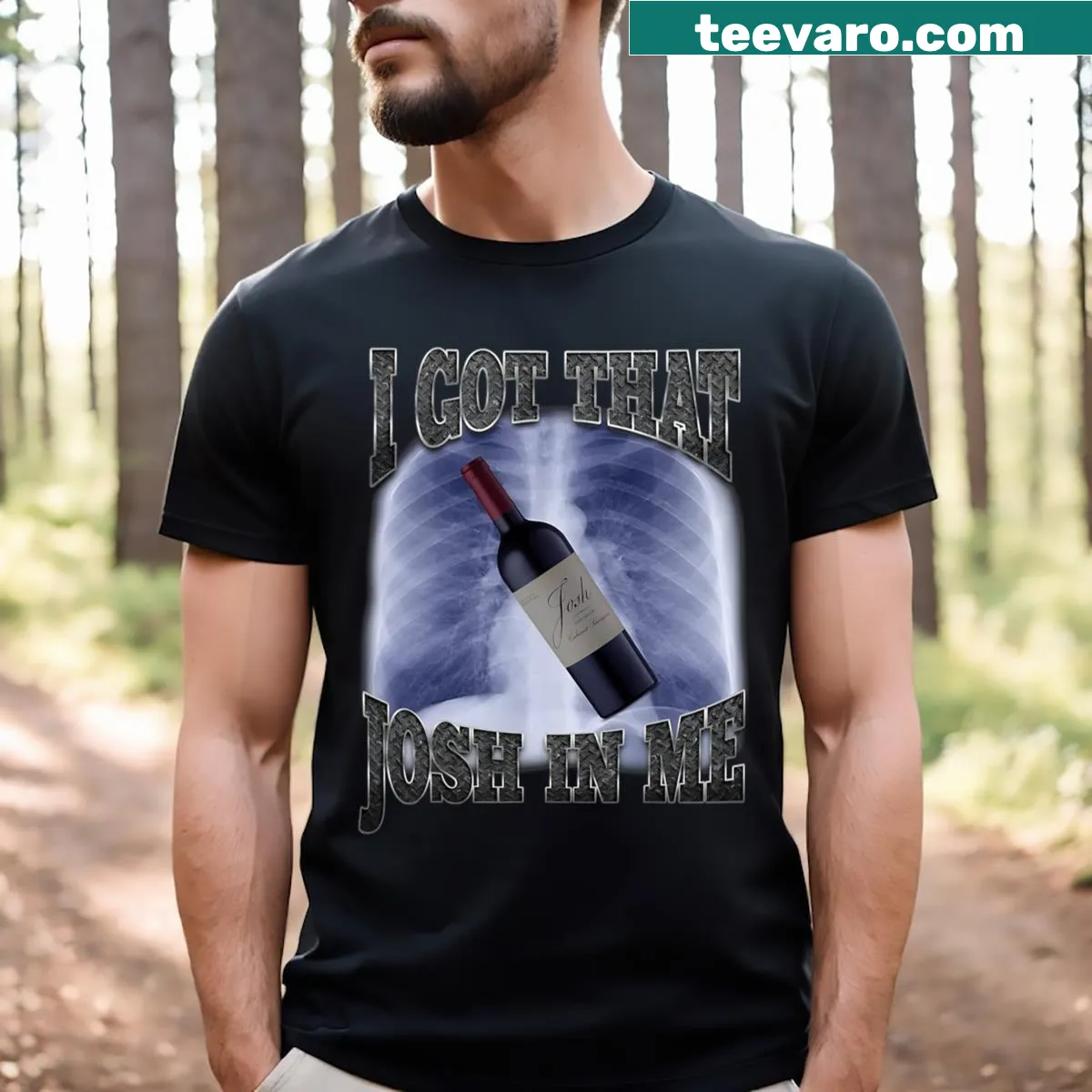Funny t-shirt with text about wine and humor — on a men's t-shirt