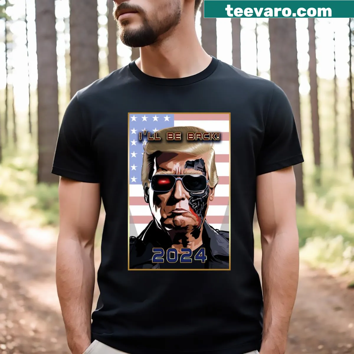 T-shirt featuring the text 'I'll Be Back! Trump 2024' in a bold design — on a men's t-shirt