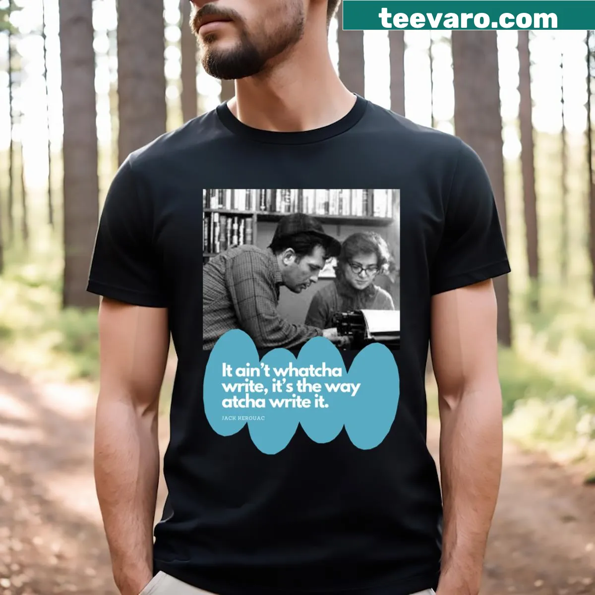 Literary T-shirt featuring Jack Kerouac's image and quote — on a men's t-shirt