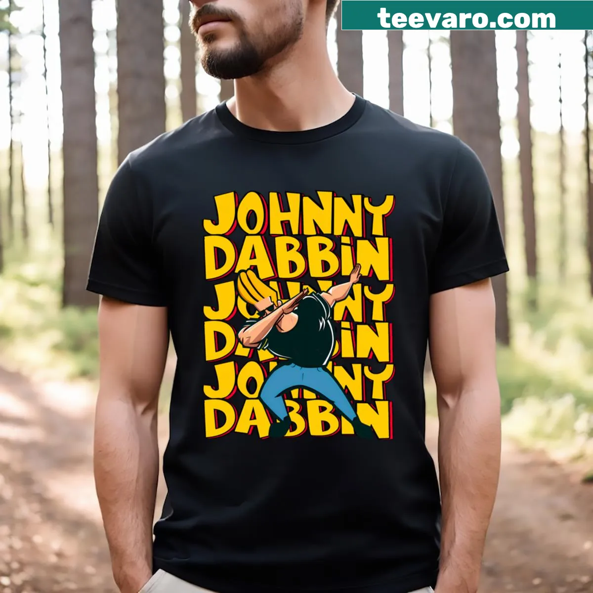 Illustration of Johnny Bravo dabbing on a t-shirt. — on a men's t-shirt