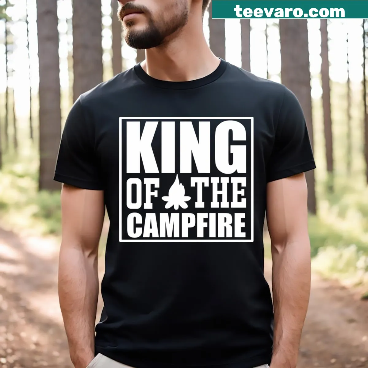 Illustrative t-shirt for men featuring a campfire graphic — on a men's t-shirt