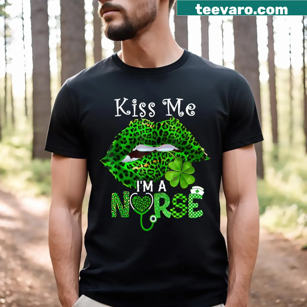 Leopard lips graphic with 'Kiss Me I'm A Nurse' text for St. Patrick's Day — on a men's t-shirt