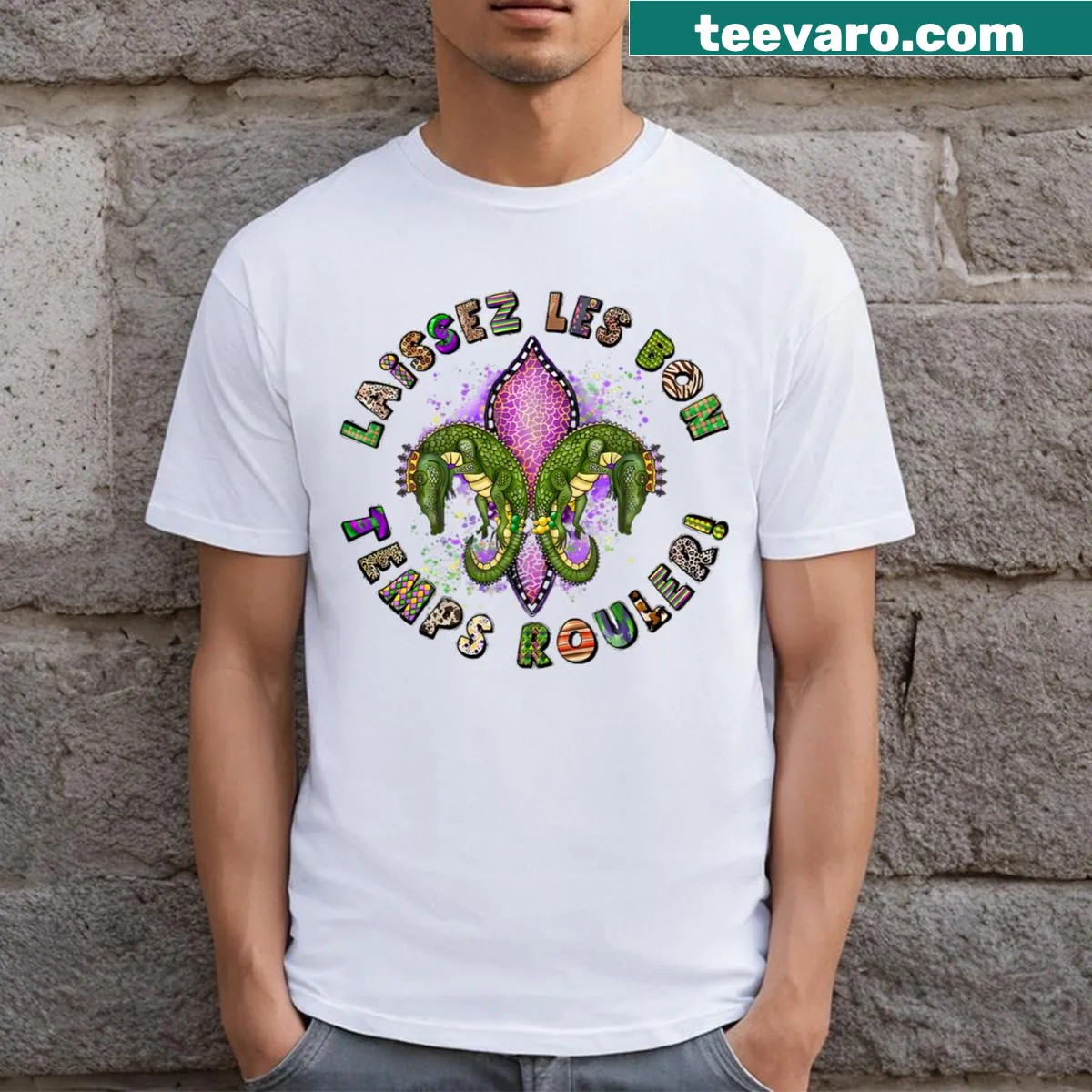 Mardi Gras T-shirt with cartoon alligator and festive text — on a men's t-shirt