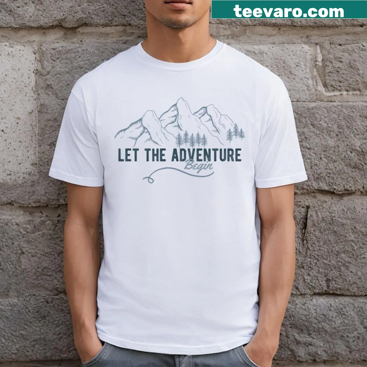 Typography T-shirt with the phrase 'Let The Adventure Begin' — on a men's t-shirt