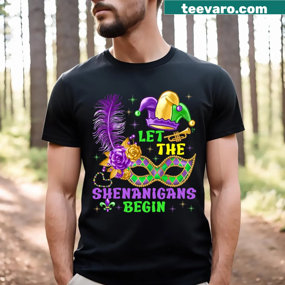 Funny t-shirt with 'Let The Shenanigans Begin' Mardi Gras design — on a men's t-shirt