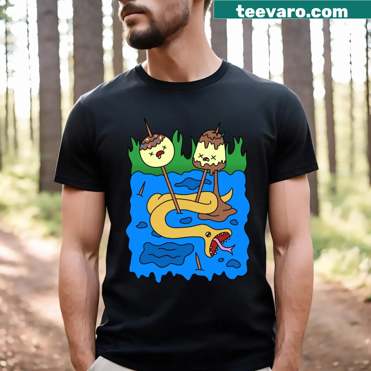 Cartoon shirt featuring Marceline and Bubblegum design — on a men's t-shirt