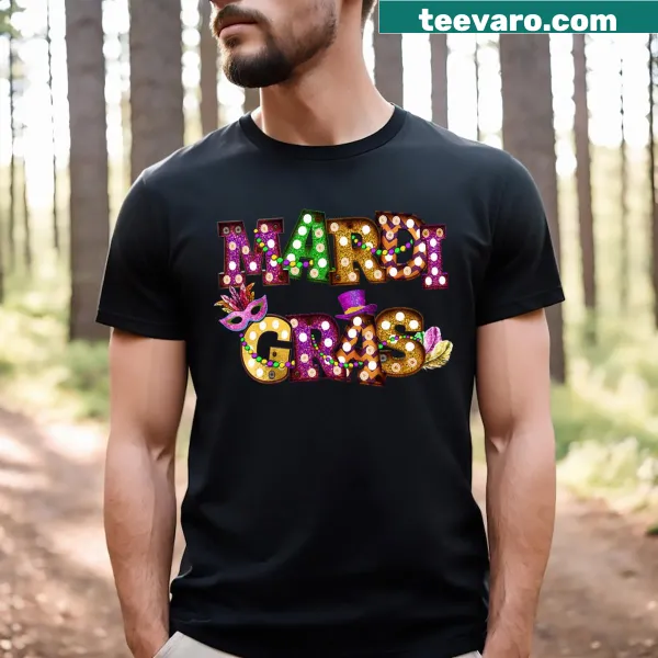 Playful Mardi Gras themed t-shirt with beads and masks