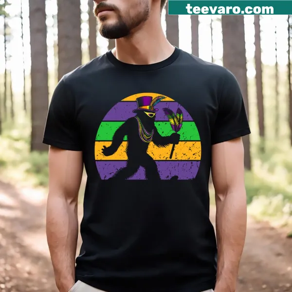 Funny shirt featuring Mardi Gras Bigfoot design