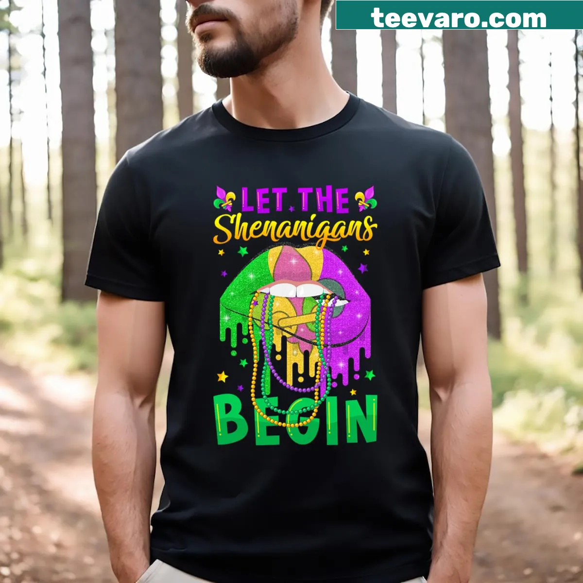 Mardi Gras T-shirt with lips and beads graphics — on a men's t-shirt