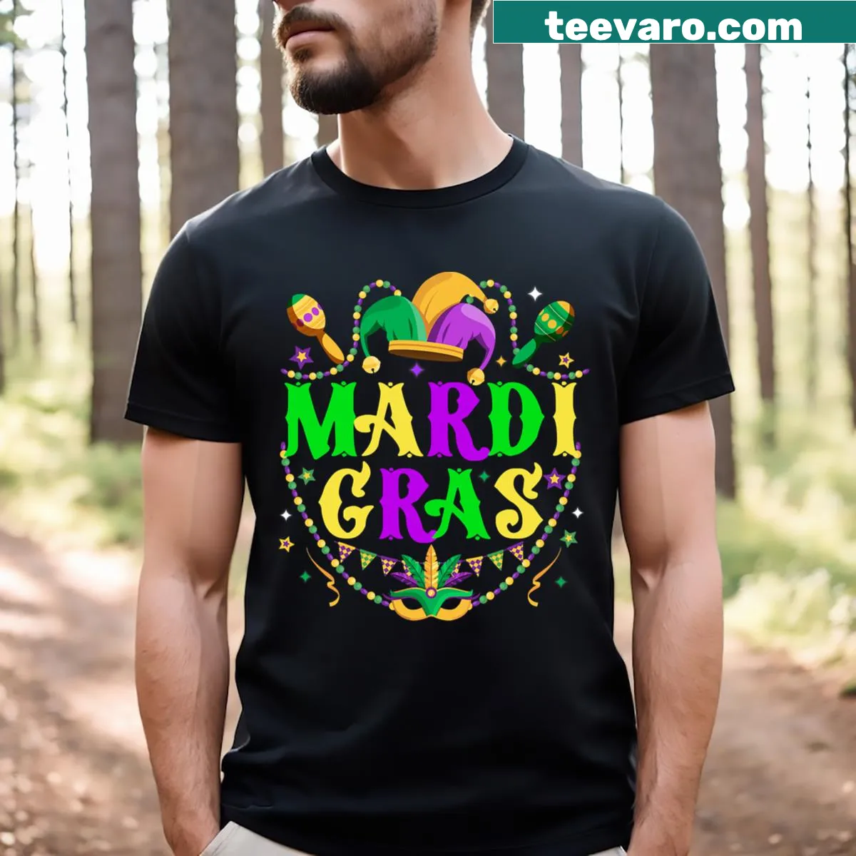 Mardi Gras T-shirt with a playful party hat graphic — on a men's t-shirt