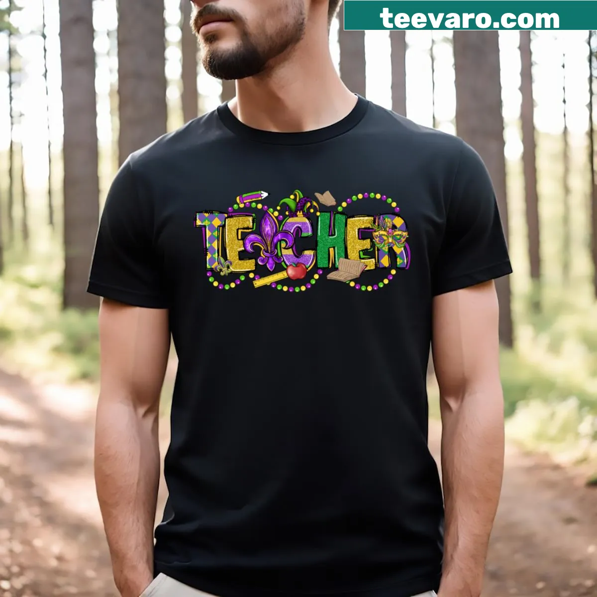 Mardi Gras-themed T-shirt for teachers with festive design — on a men's t-shirt