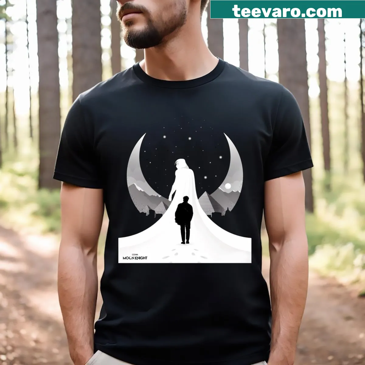 Illustrated T-shirt featuring Moon and Knight characters — on a men's t-shirt