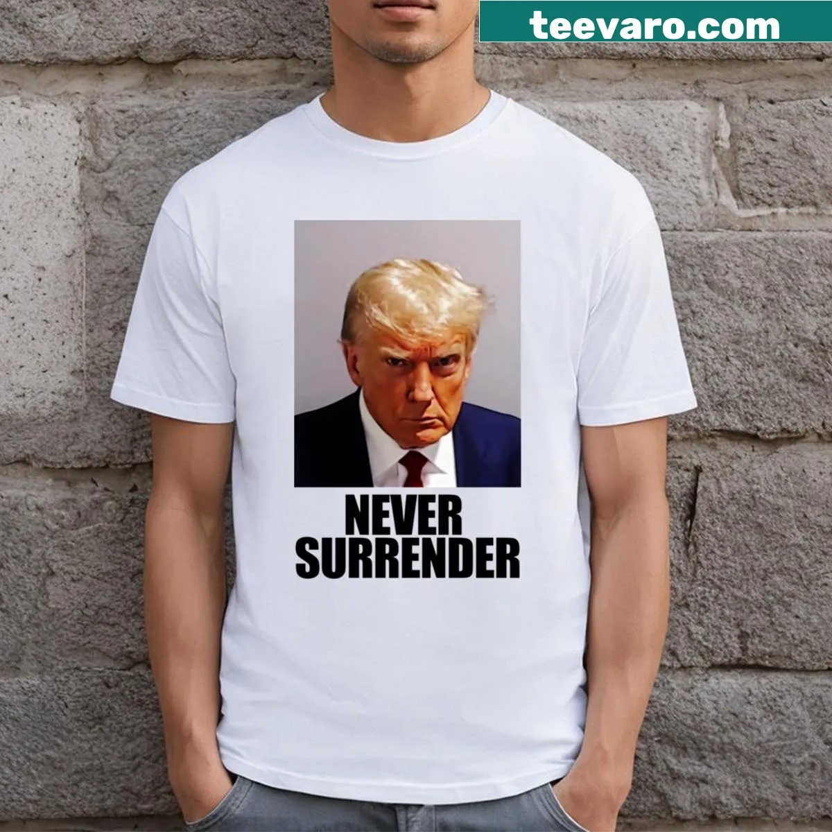 Bold text design t-shirt with the phrase 'Never Surrender' — on a men's t-shirt
