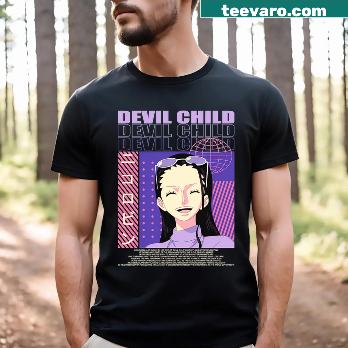Graphic of Nico Robin from One Piece on a t-shirt — on a men's t-shirt