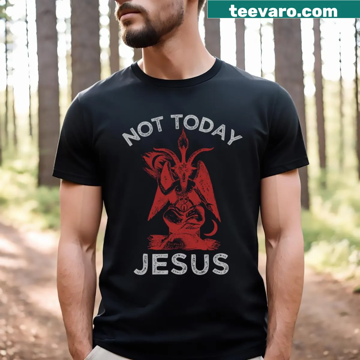Funny death metal-themed T-shirt with Baphomet sigil — on a men's t-shirt