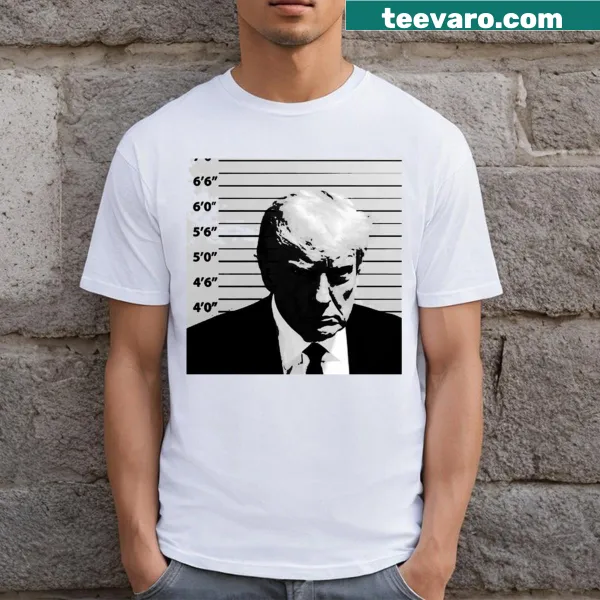T-shirt featuring Trump mugshot graphic with humorous text