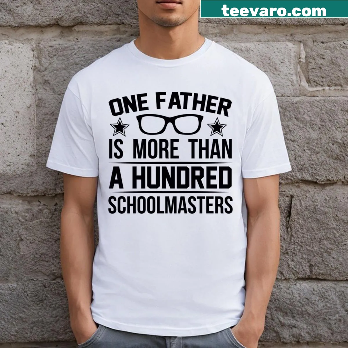 Typography T-shirt with the quote about fathers and schoolmasters — on a men's t-shirt