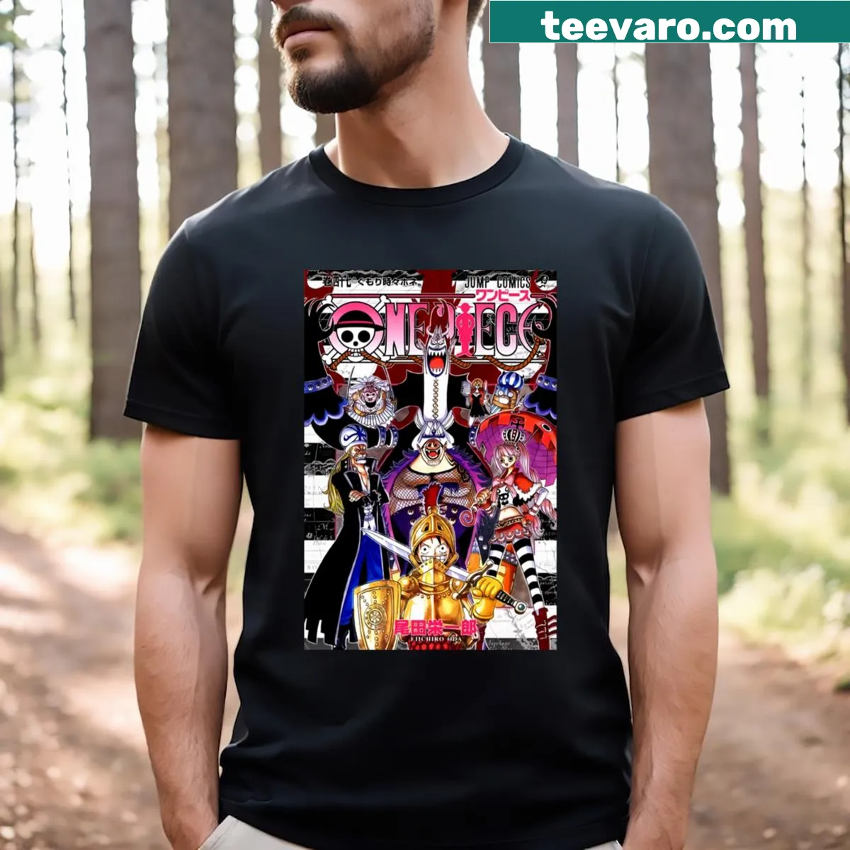 One Piece themed t-shirt showcasing characters from the manga — on a men's t-shirt