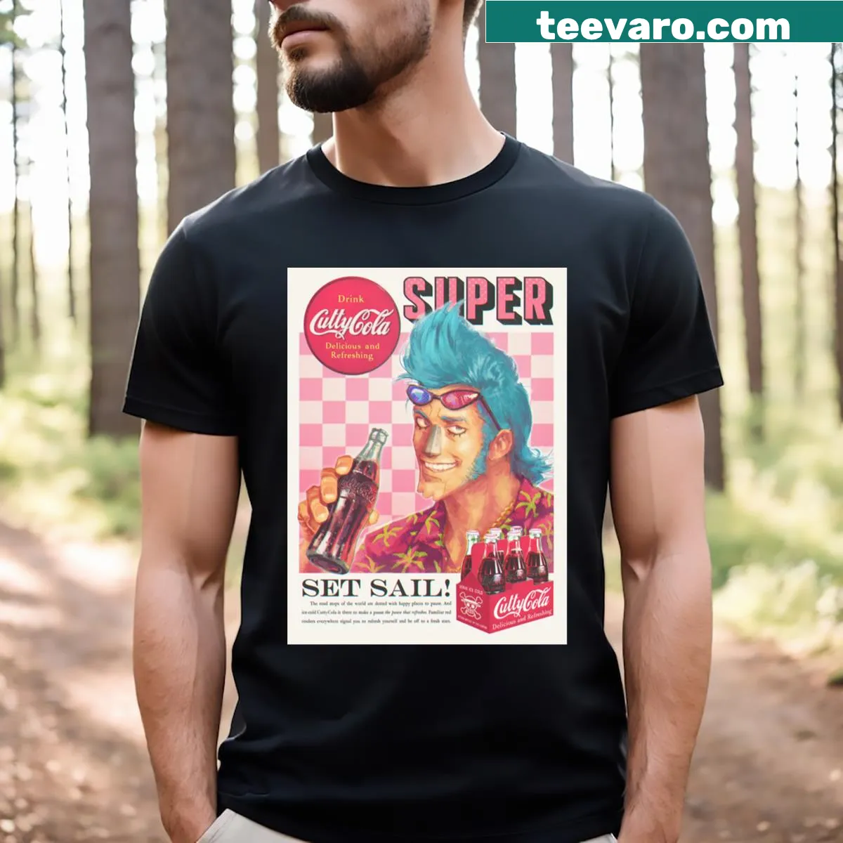 T-shirt featuring Franky from One Piece with cola graphic — on a men's t-shirt