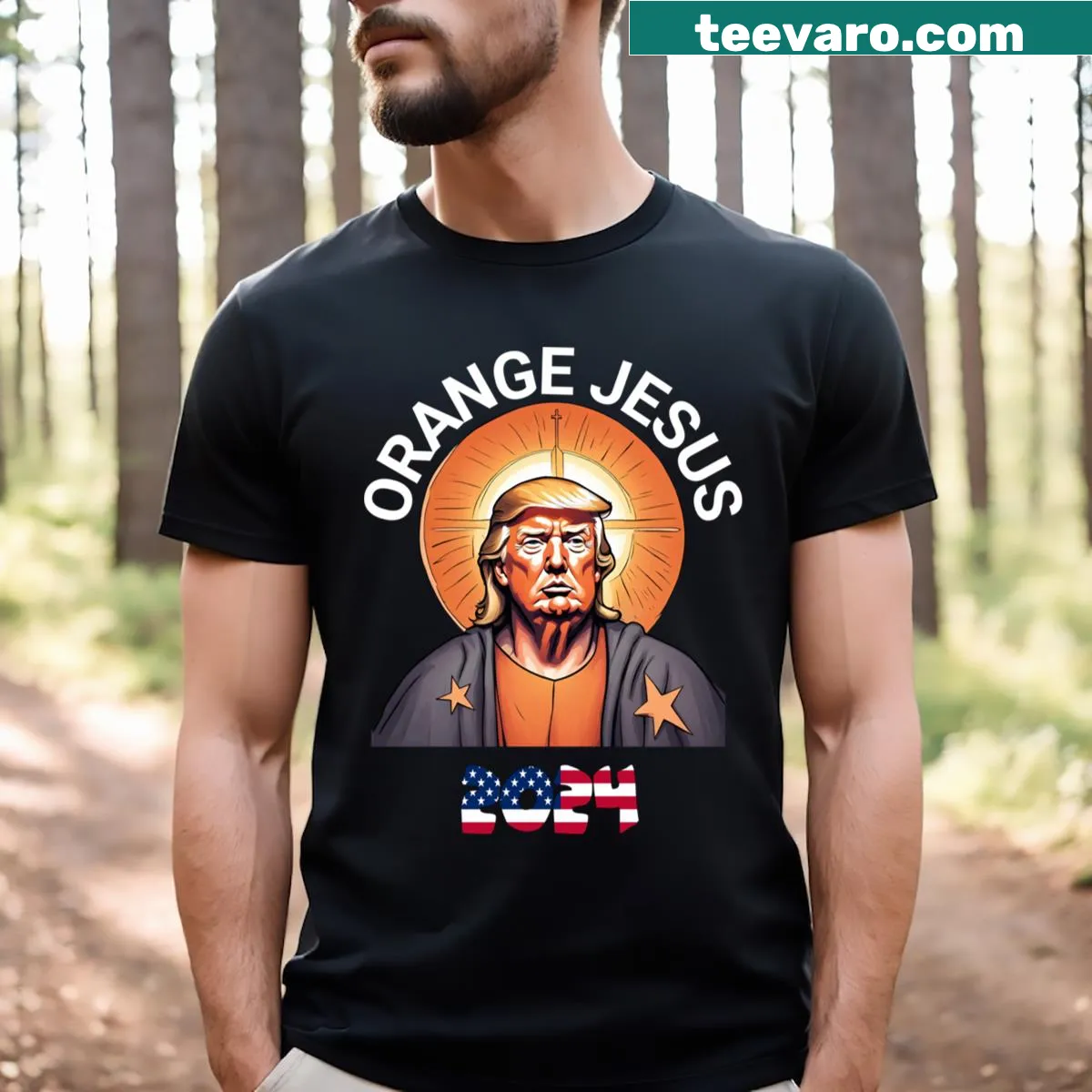 Graphic text for Jesus President Trump 2024 on an orange t-shirt — on a men's t-shirt