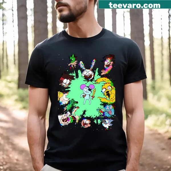 Dynamic cartoon apocalypse art on a playful t-shirt.