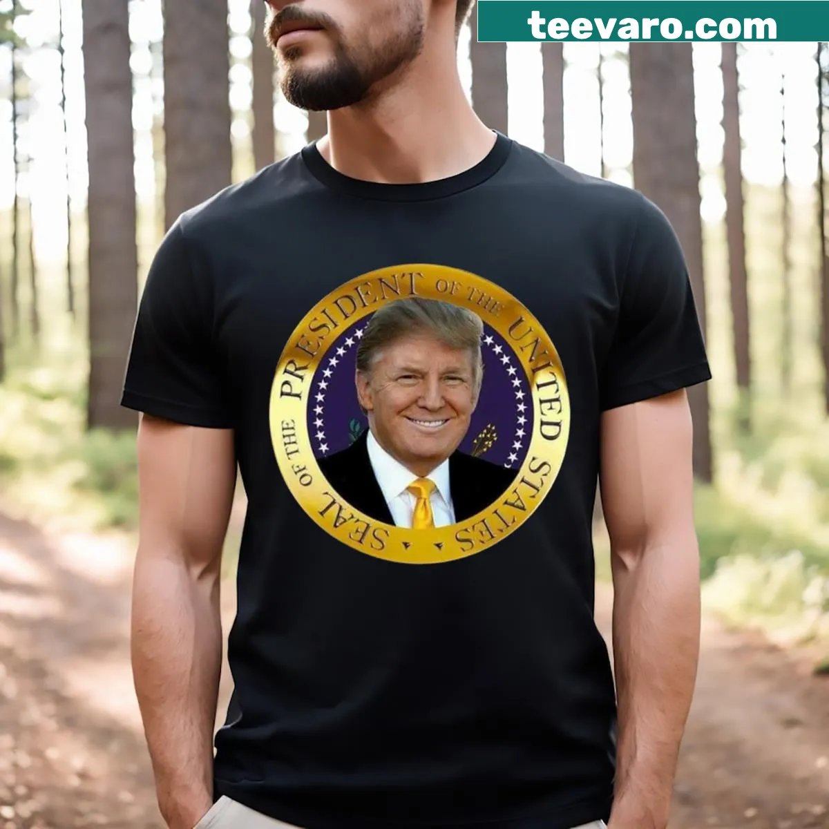 T-shirt featuring President Donald Trump seal emblem — on a men's t-shirt