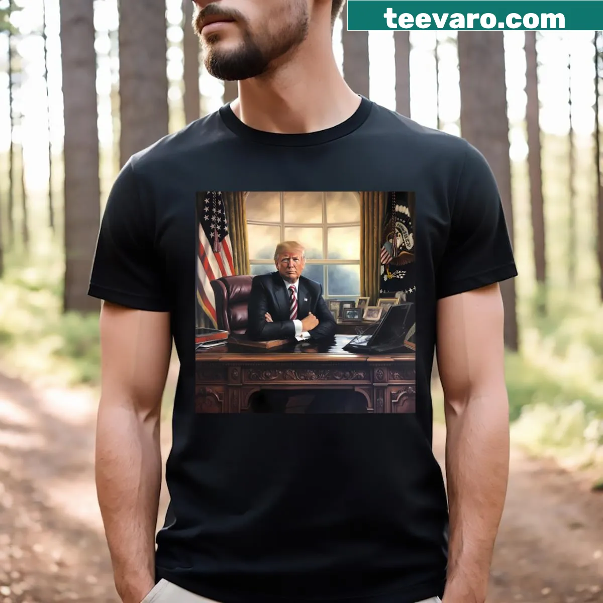 Artwork of President Trump on a humorous t-shirt — on a men's t-shirt