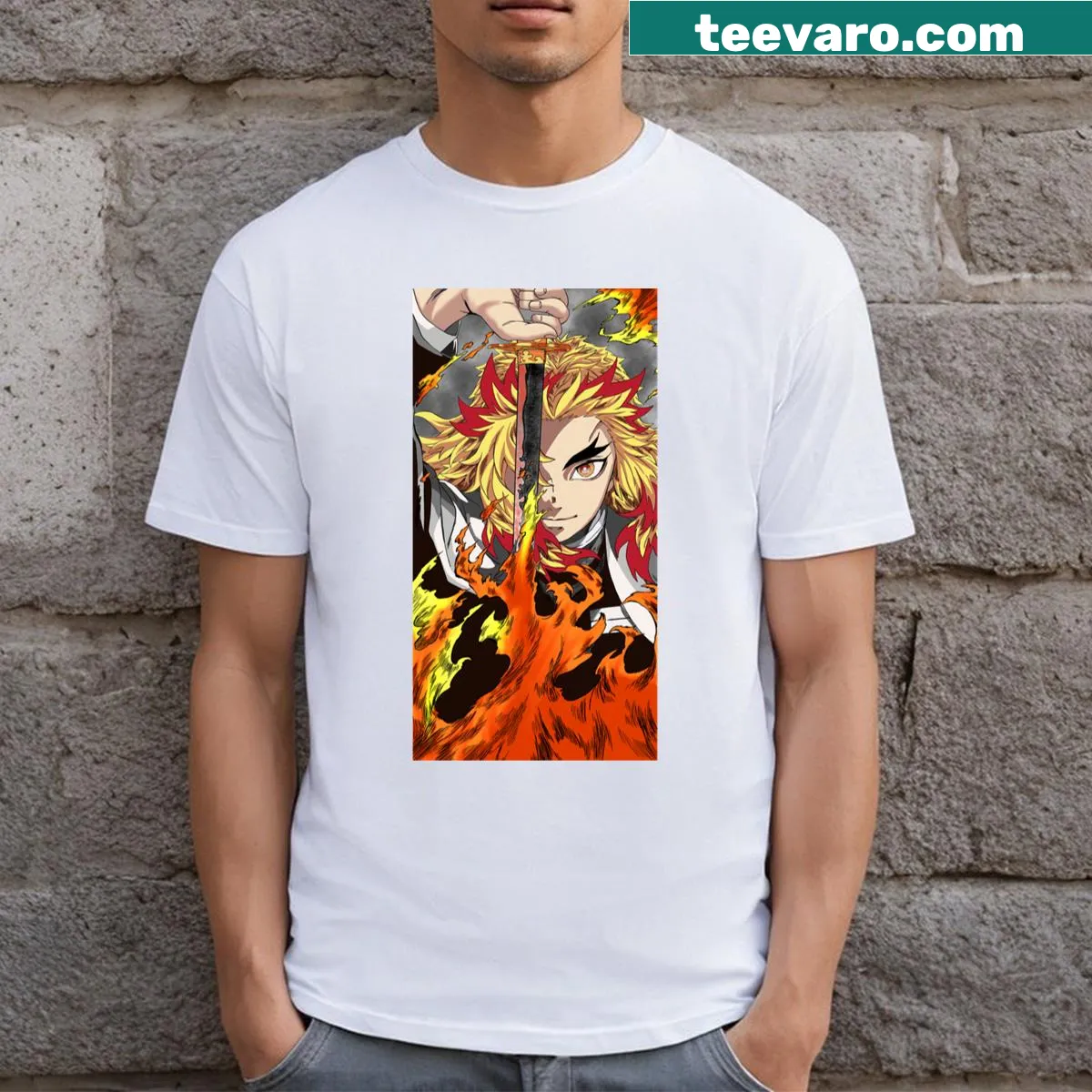Demon Slayer Kyoujurou T-shirt featuring a dynamic graphic of the character — on a men's t-shirt