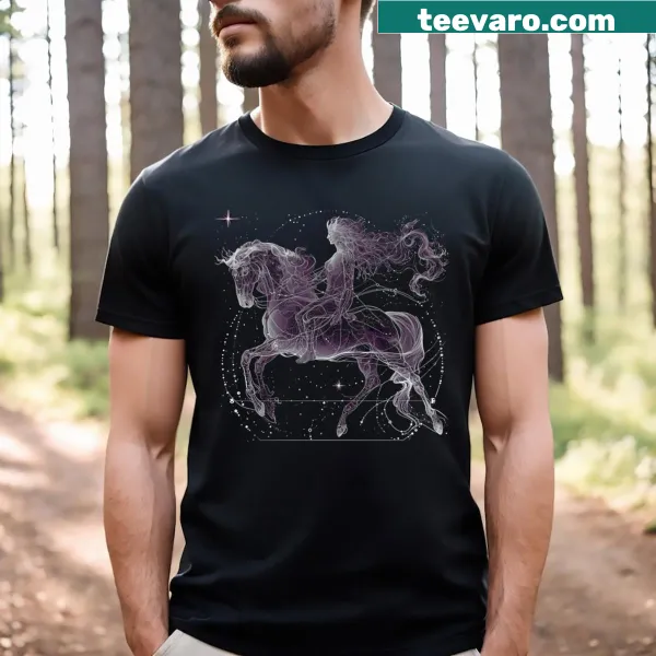 T-shirt honoring the Sagittarius zodiac sign with astrological motifs.