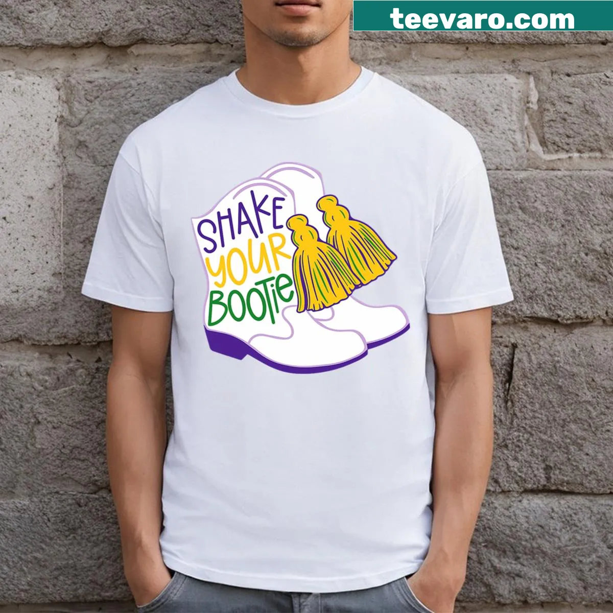 Festive Mardi Gras graphic T-shirt with beads — on a men's t-shirt
