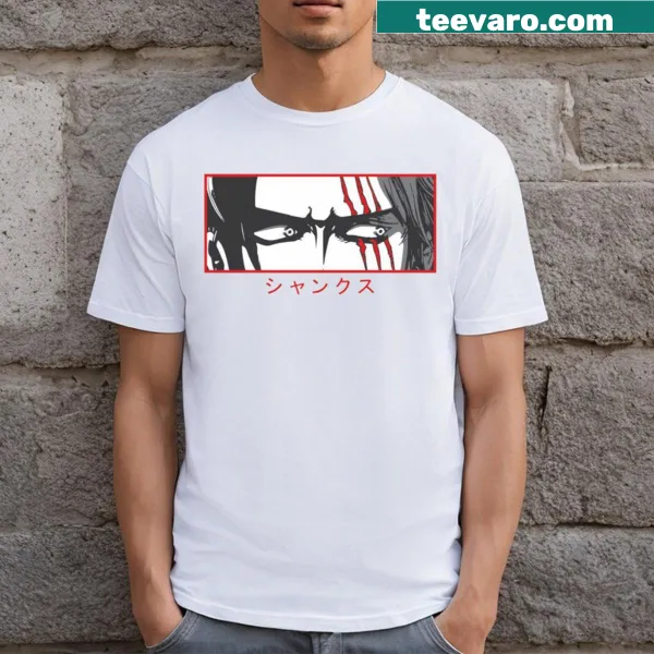Illustration of Shanks from One Piece on red t-shirt