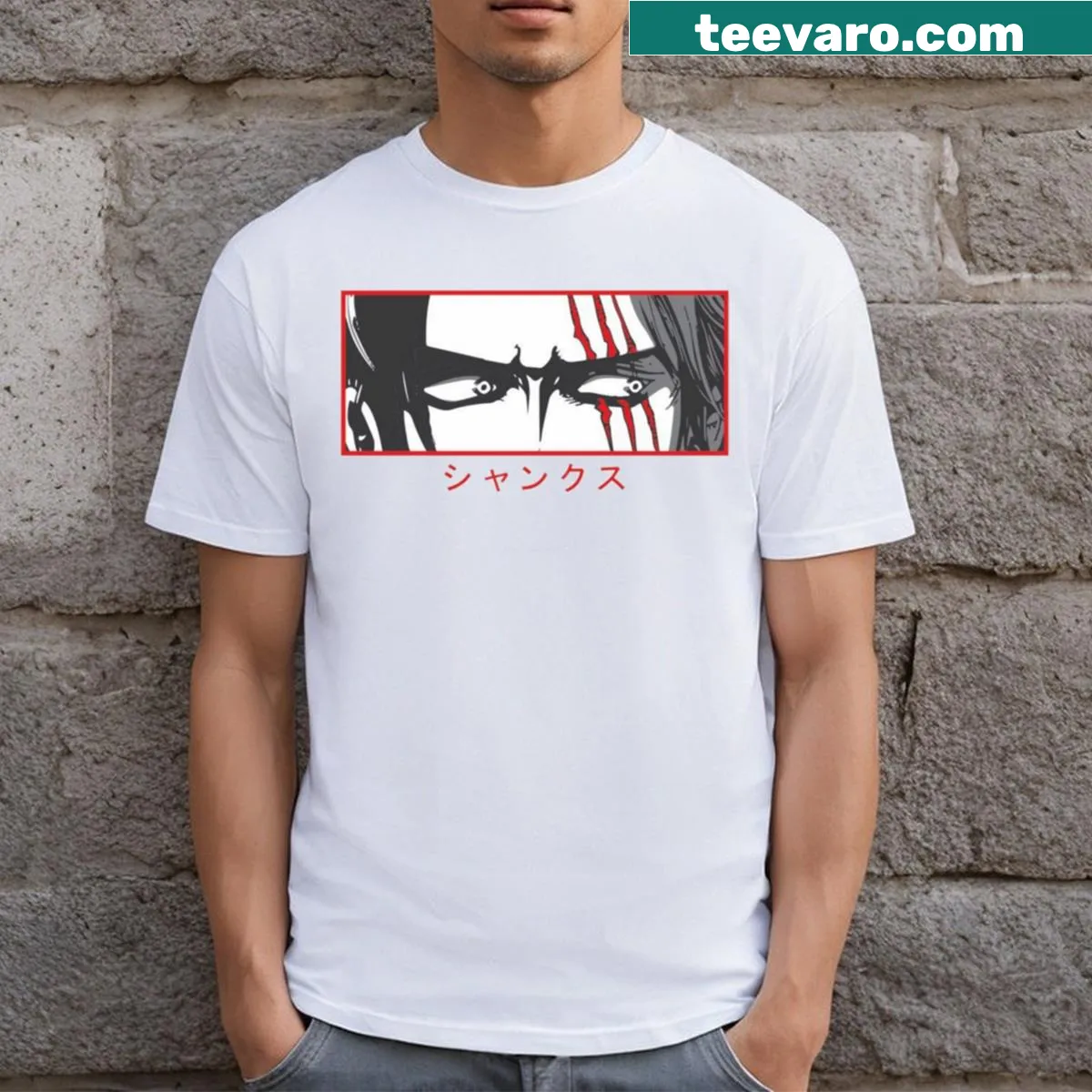 Illustration of Shanks from One Piece on red t-shirt — on a men's t-shirt