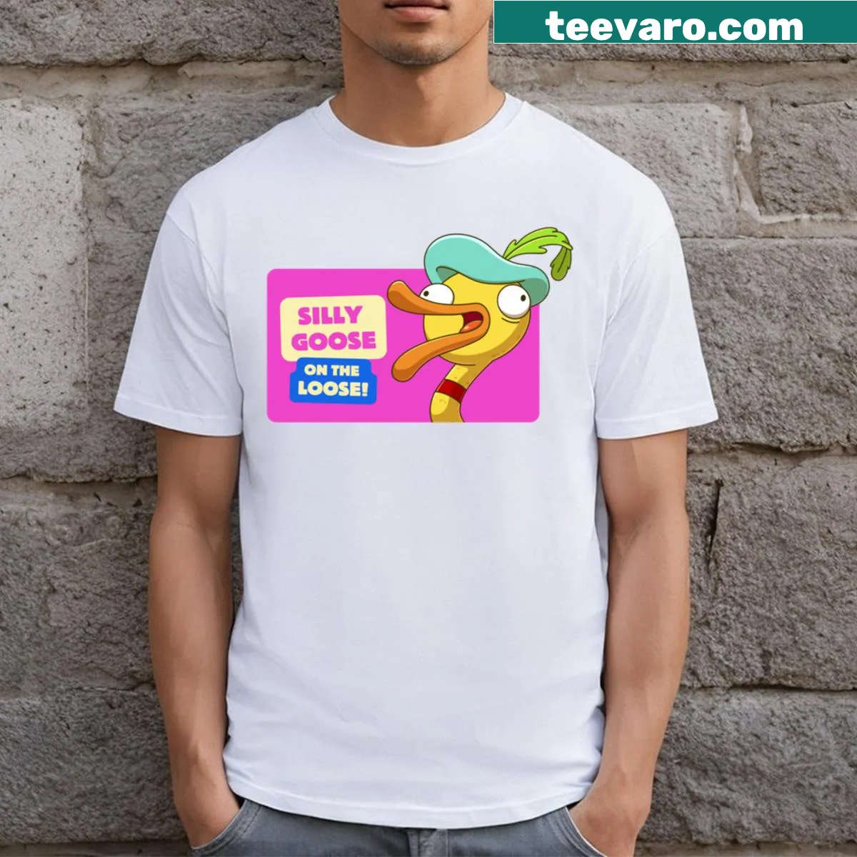 Cartoon of a silly goose inspired by Adventure Time — on a men's t-shirt