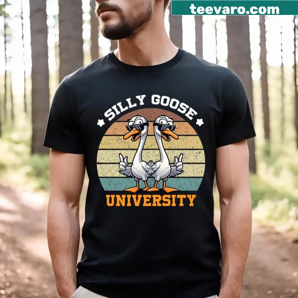 Cartoon goose in cap and gown on Silly Goose University T-shirt