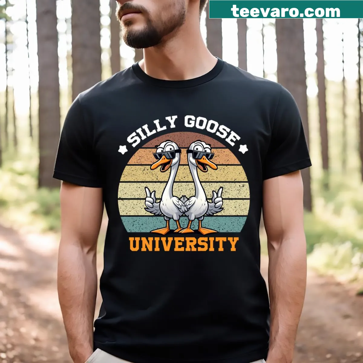 Cartoon goose in cap and gown on Silly Goose University T-shirt — on a men's t-shirt