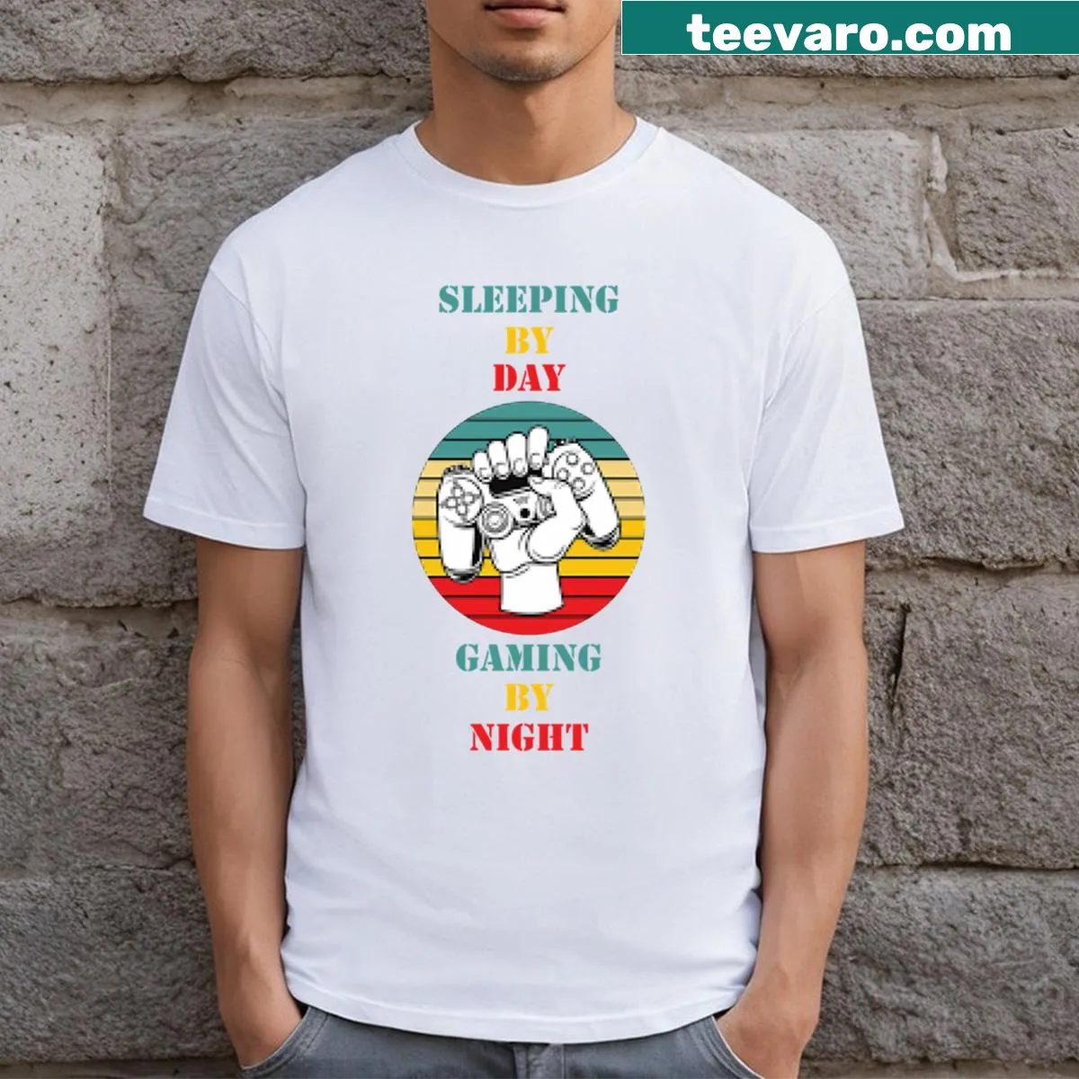 Typography t-shirt with 'Sleeping By Day Gaming By Night' text — on a men's t-shirt