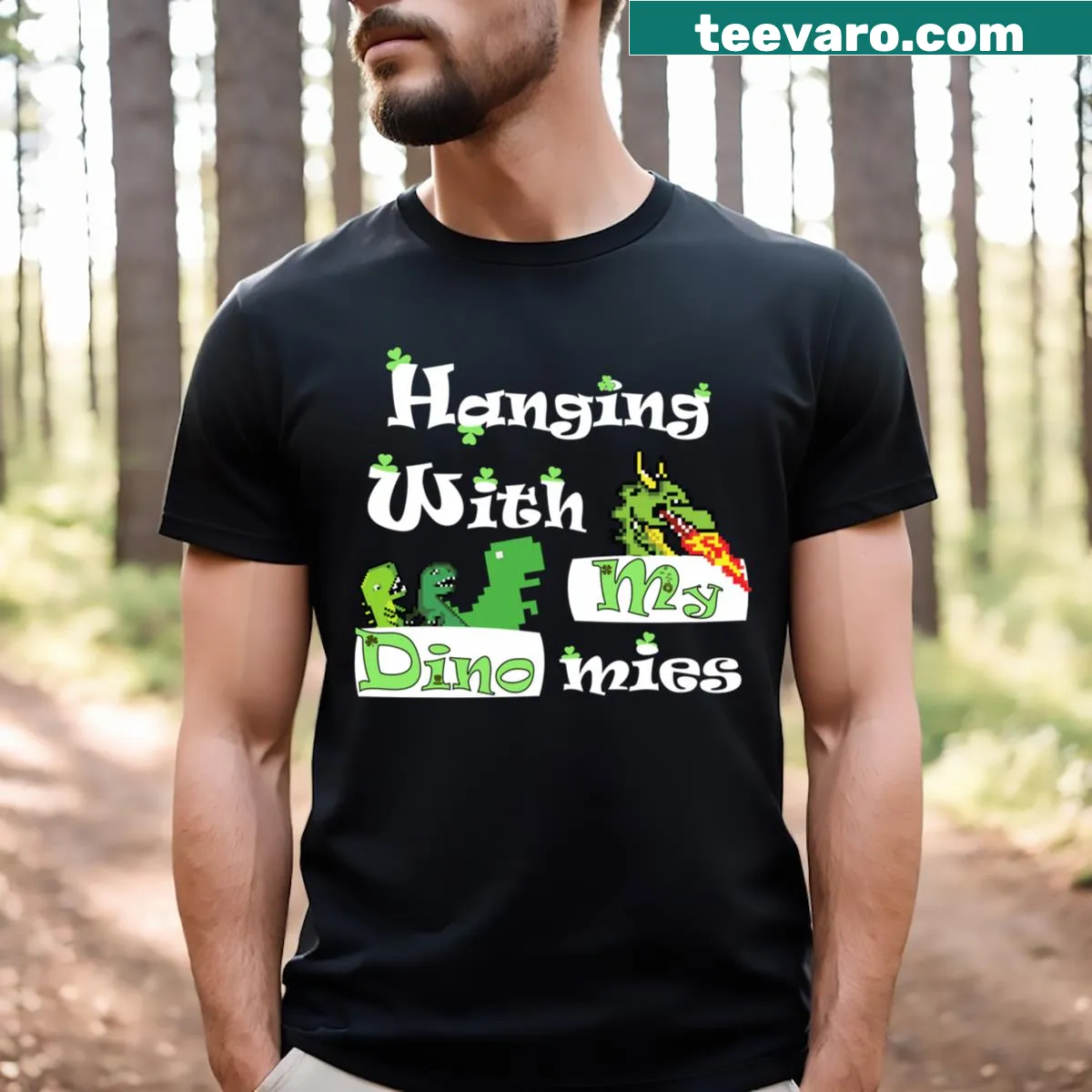 Graphic T-shirt with dinosaurs celebrating St. Patrick's Day — on a men's t-shirt