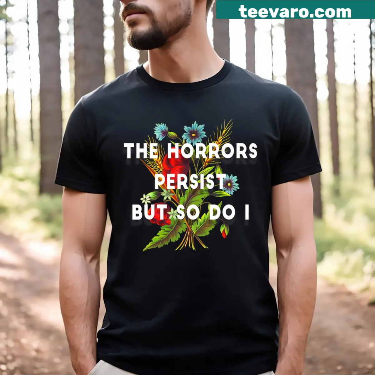 Whimsical flower design with humorous text on t-shirt — on a men's t-shirt